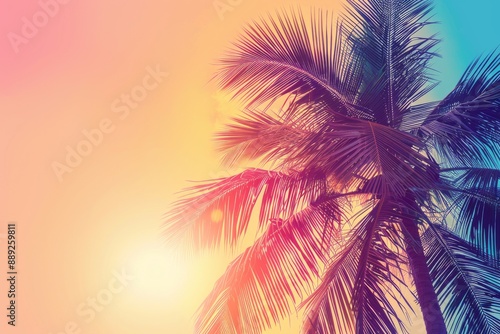 Trendy vintage toned summer travel background with copy space. Retro style creative design concept. Open composition. Golden tropical sunset with dark silhouette of coconut palm tree.