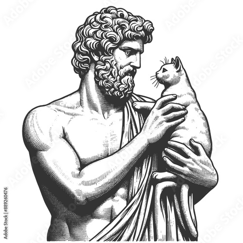 ancient statue featuring a bearded man holding a cat, showcasing classic artistry sketch engraving generative ai fictional character vector illustration. Scratch board imitation. Black and white image