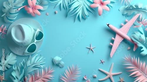 An exotic tropical scene with a straw hat, sunglasses, plumeria flowers, and a palm leaf background.