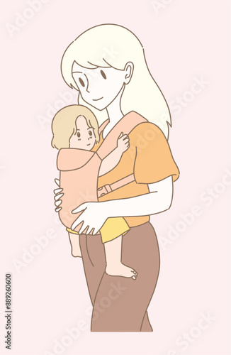 Mom carrying toddler in baby sling carrier. Albino mother and adopted child. Modern mother holding baby in sling, going outdoor. Hand drawn flat cartoon character vector illustration.