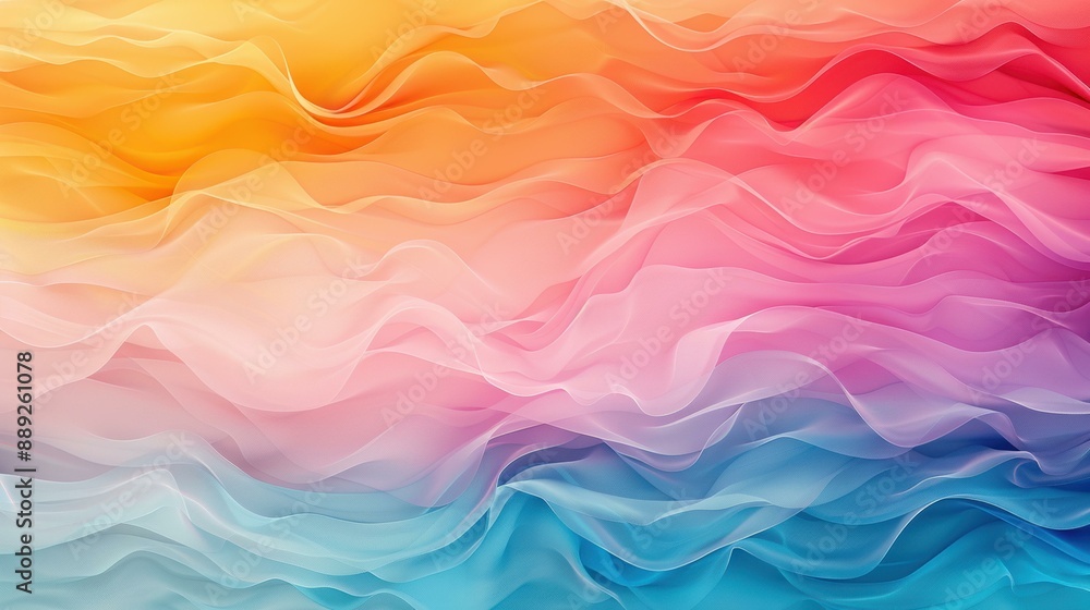 Obraz premium Illustration of abstract fluid shapes blending in a gradient of colors including yellow, orange, pink, and blue.