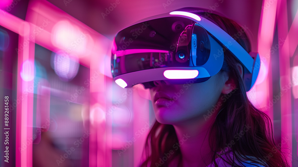 Portrait of amazed young woman in a VR headset explores the metaverse's virtual space. Gaming and futuristic entertainment concept, Man uses metaverse technology in an industrial setting. Neon. Travel Portrait of amazed young woman in a VR headset explores the metaverse's virtual space. Gaming and futuristic entertainment concept, Man uses metaverse technology in an industrial setting. Neon. Travel