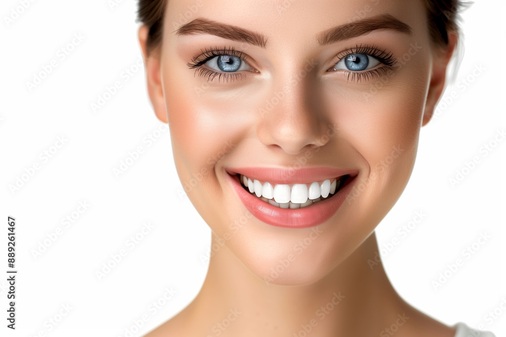 The stunning woman, showcasing confidence and joy with her radiant smile and captivating blue eyes, poses in front of a white background. Her beauty and allure are truly captivating The stunning woman, showcasing confidence and joy with her radiant smile and captivating blue eyes, poses in front of a white background. Her beauty and allure are truly captivating