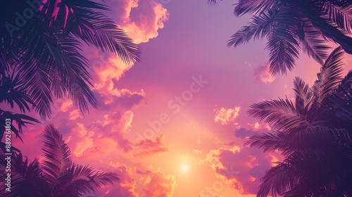 The sunset, palm trees, and sky of a tropical summer background
