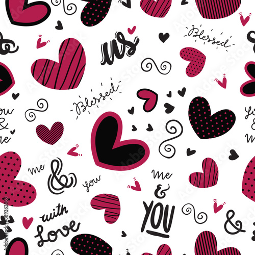 Cute doodle style hearts seamless vector pattern.  Handwritten background. Marker drawn different heart shapes and silhouettes. Hand drawn ornament. 