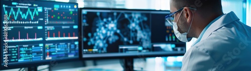 Scientist analyzing data on multiple monitors in a modern lab, focusing on medical research and data visualization advancements. photo