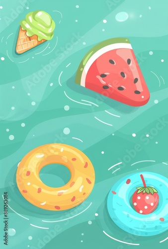 Floating pool floats with summer modern background for banners, cards, flyers, social media wallpapers, etc.
