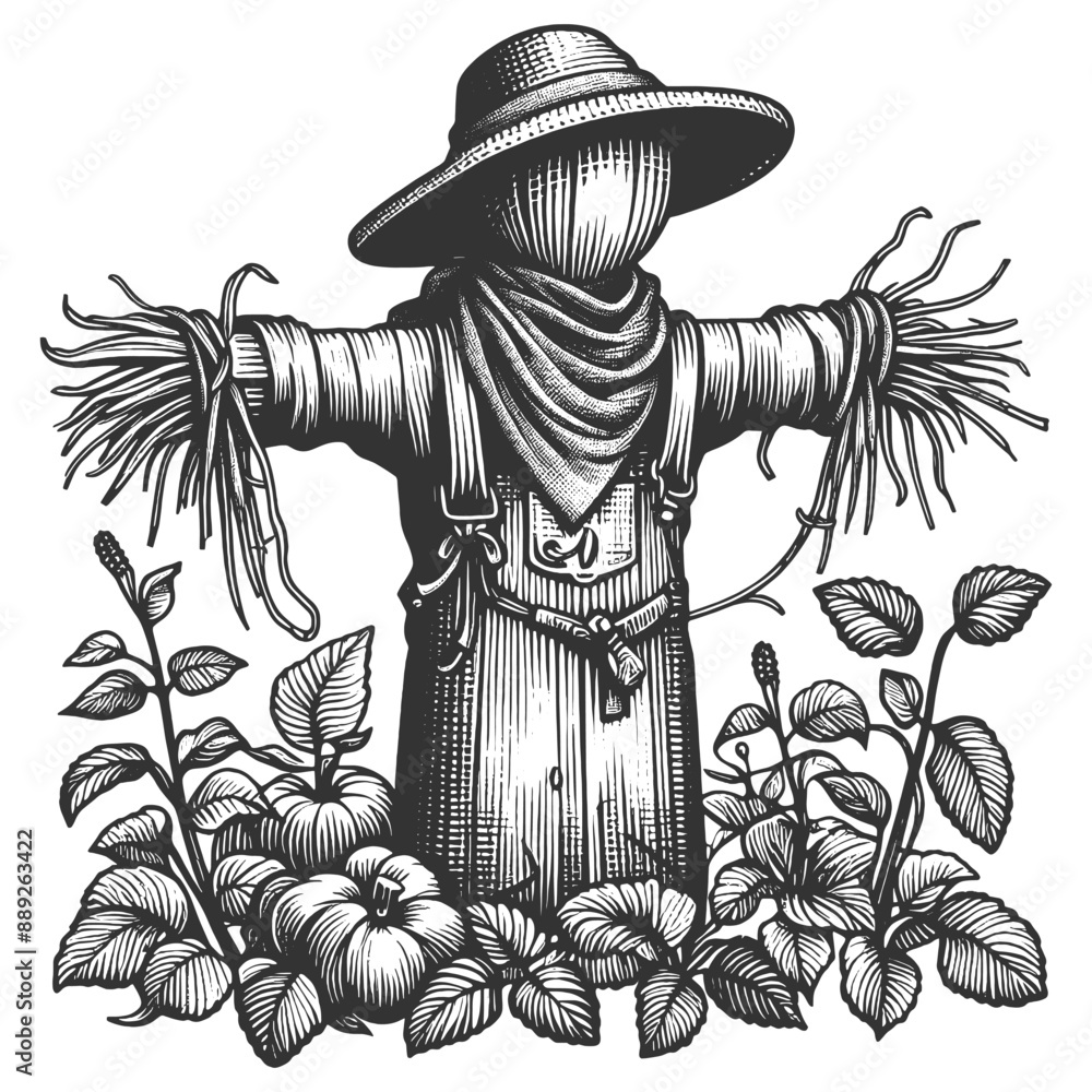 Fototapeta premium scarecrow standing in a garden with pumpkins and plants, rustic and classic scene sketch engraving generative ai fictional character vector illustration. Scratch board imitation. Black and white image