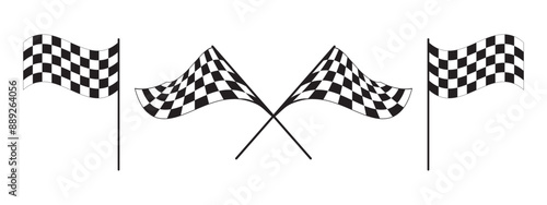 One single and two crossed race flags with checkered black and white pattern. Start or finish symbols on sport car competitions. Rally or motocross props. Vector graphic illustration