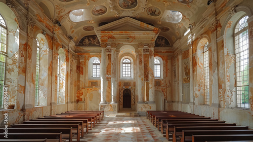 Interior View of a Historic Church With Pews and Sunlight Streaming In