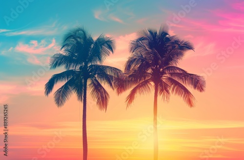 Palm tree with colorful bokeh sun light on sunset sky cloud abstract background.
