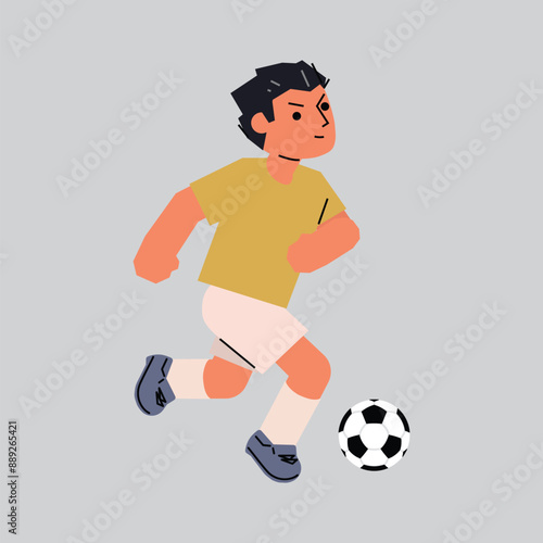 Soccer Player Kicking Ball isolated on grey background. Football Player  in motion and action with ball. Vector Illustration.