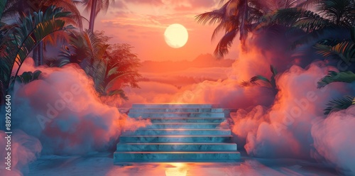 Neon background. Futuristic landscape with palm trees, sun, and clouds. Synthware, retrowave, vaporwave.