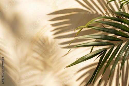 Top view of tropical palm tree on beige background. Flat lay, copy space.