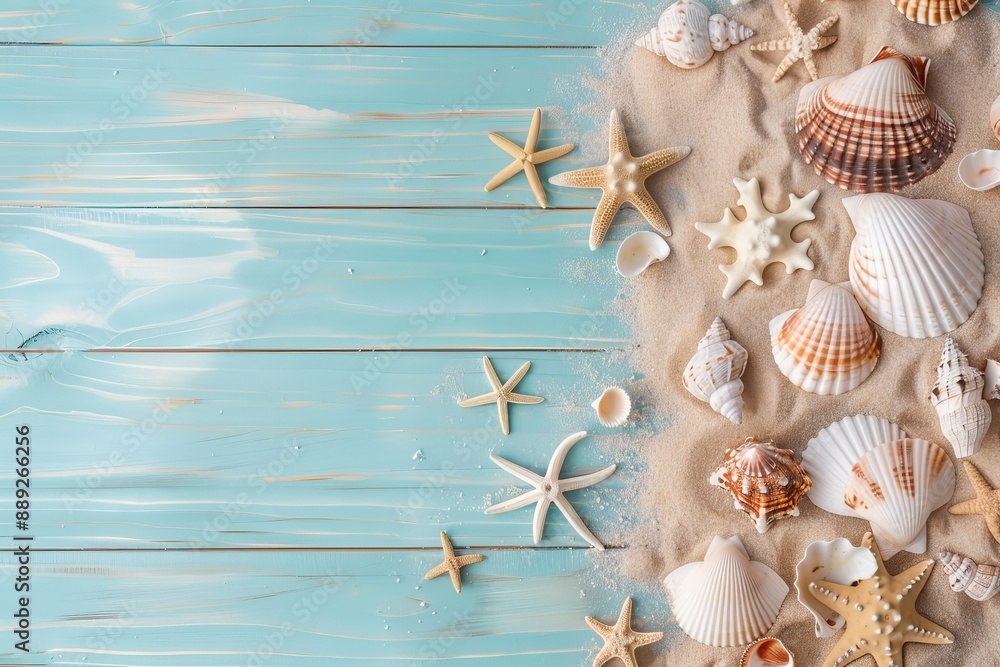 Obraz premium A beach scene concept featuring sea shells and starfish set against a blue wooden background