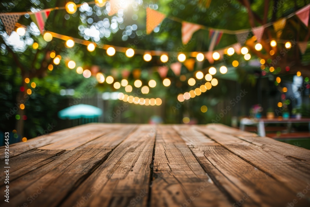 An atmosphere of a garden party is visualized on a wooden tabletop with a blurred background.