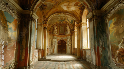 Interior View of a Historic Building With Frescoed Walls and an Ornate Archway © Daniel