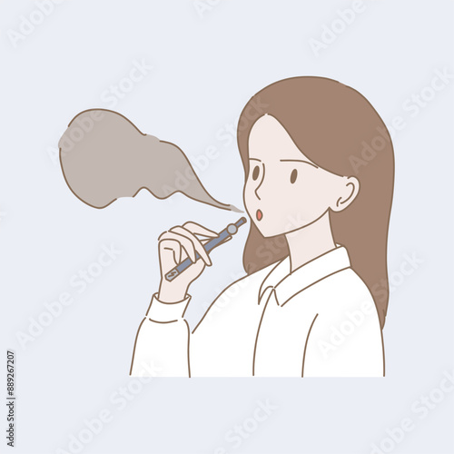 Employee with vape in office smoking area. Woman holding electronic cigarette for vaping and blowing smoke from mouth. Hand drawn flat cartoon character vector illustration.