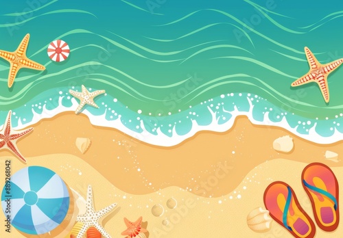 This is a tropical summer time illustration cover, promotion, and sale of ocean, sea, pool, swim ring, beach ball, palm leaf.