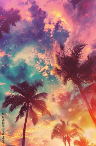 The tropical palm tree stands against an abstract sunset sky cloud background.