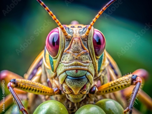 Vibrant macro shot showcasing pale grasshopper's intricate facial textures, compound eyes, and body patterns, highlighting the intricate complexity of insect anatomy in vivid detail. photo