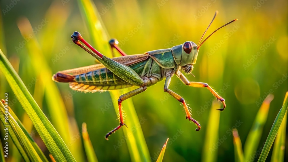 Fototapeta premium A dynamic full-body shot of a grasshopper mid-leap in a vibrant green grassy field, highlighting its powerful hind legs and agile movement in natural surroundings.
