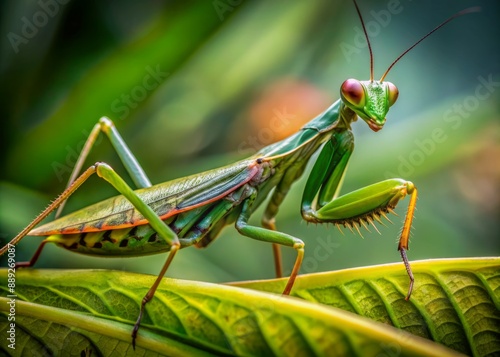 Wallpaper Mural Vibrant green praying mantis with intricate details and patterns on its body, standing on a leaf with its spiked legs and triangular head in focus. Torontodigital.ca