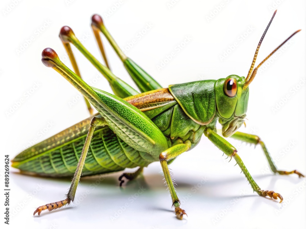 Vibrant green grasshopper perches on a pristine white background, showcasing intricate details of its elongated body, delicate wings, and complex leg structure in stunning clarity. Vibrant green grasshopper perches on a pristine white background, showcasing intricate details of its elongated body, delicate wings, and complex leg structure in stunning clarity.