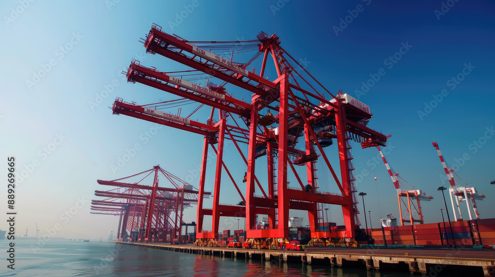 Massive Red Port Cranes at Busy Industrial Harbor Massive Red Port Cranes at Busy Industrial Harbor