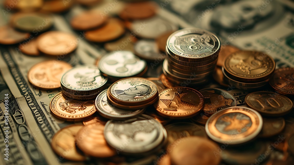 An assortment of coins and stacks of hundred-dollar bills are dispersed across the image, showcasing the accumulation of money and currency in an open space An assortment of coins and stacks of hundred-dollar bills are dispersed across the image, showcasing the accumulation of money and currency in an open space