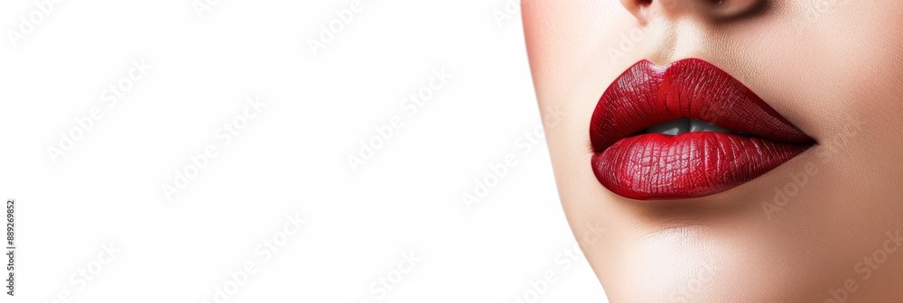 Obraz premium With its focus on vibrant red lips and flawless skin, this detailed image is ideal for promoting beauty products in the cosmetic, fashion, and glamour sectors with an elegant and modern aesthetic