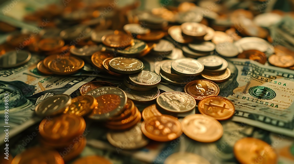 Hundred-dollar bills and coins are spread out in a random pattern throughout the scene, illustrating a gathering of monetary resources and financial abundance Hundred-dollar bills and coins are spread out in a random pattern throughout the scene, illustrating a gathering of monetary resources and financial abundance