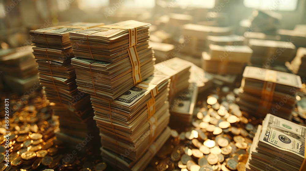 Stacks of hundred-dollar bills and scattered coins fill the frame, depicting a collection of wealth and financial assets in a spacious setting Stacks of hundred-dollar bills and scattered coins fill the frame, depicting a collection of wealth and financial assets in a spacious setting