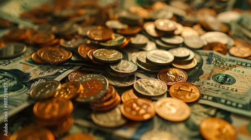 Hundred-dollar bills and coins are spread out in a random pattern throughout the scene, illustrating a gathering of monetary resources and financial abundance