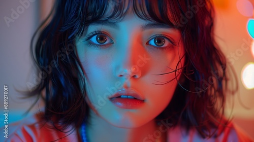 Close Up Portrait of Young Woman With Blue and Red Lighting