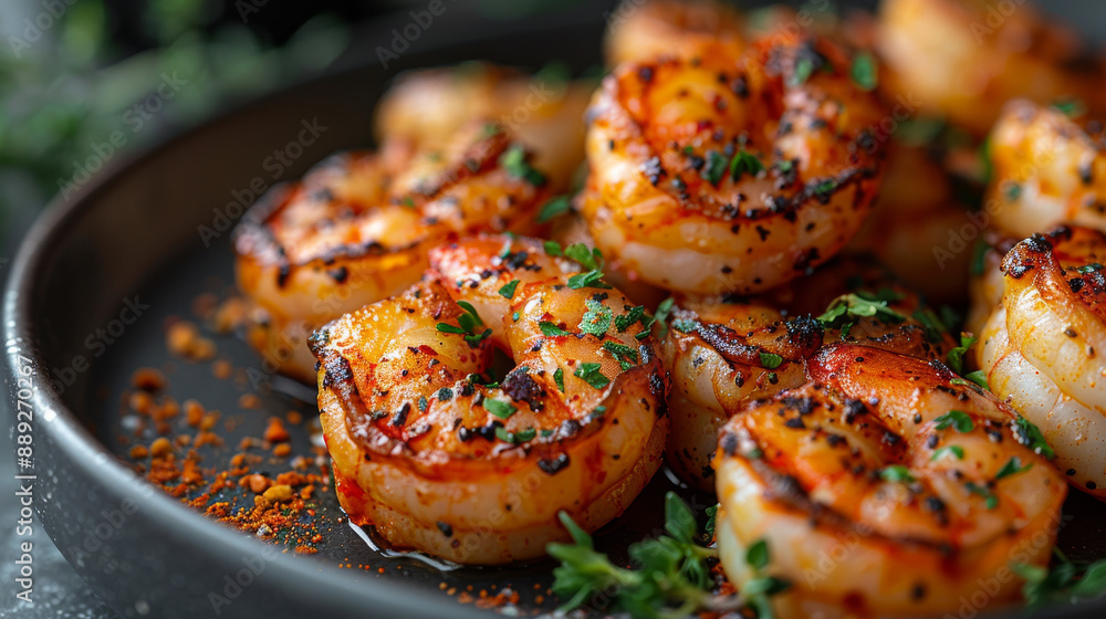 Grilled Shrimp With Herbs and Spices on a Black Plate Grilled Shrimp With Herbs and Spices on a Black Plate