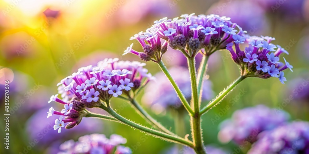 Fototapeta premium Intimate macro view of a delicate heliotrope flower showcasing intricate petals and soft, pastel hues in shades of purple and white against a blurred background.