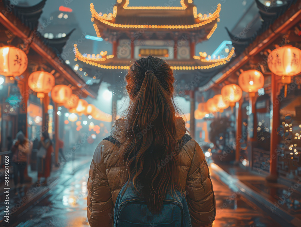 Woman in front of Chinatown entrance Woman in front of Chinatown entrance