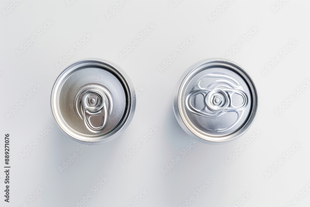 Two empty cans of soda sitting on a white surface Two empty cans of soda sitting on a white surface