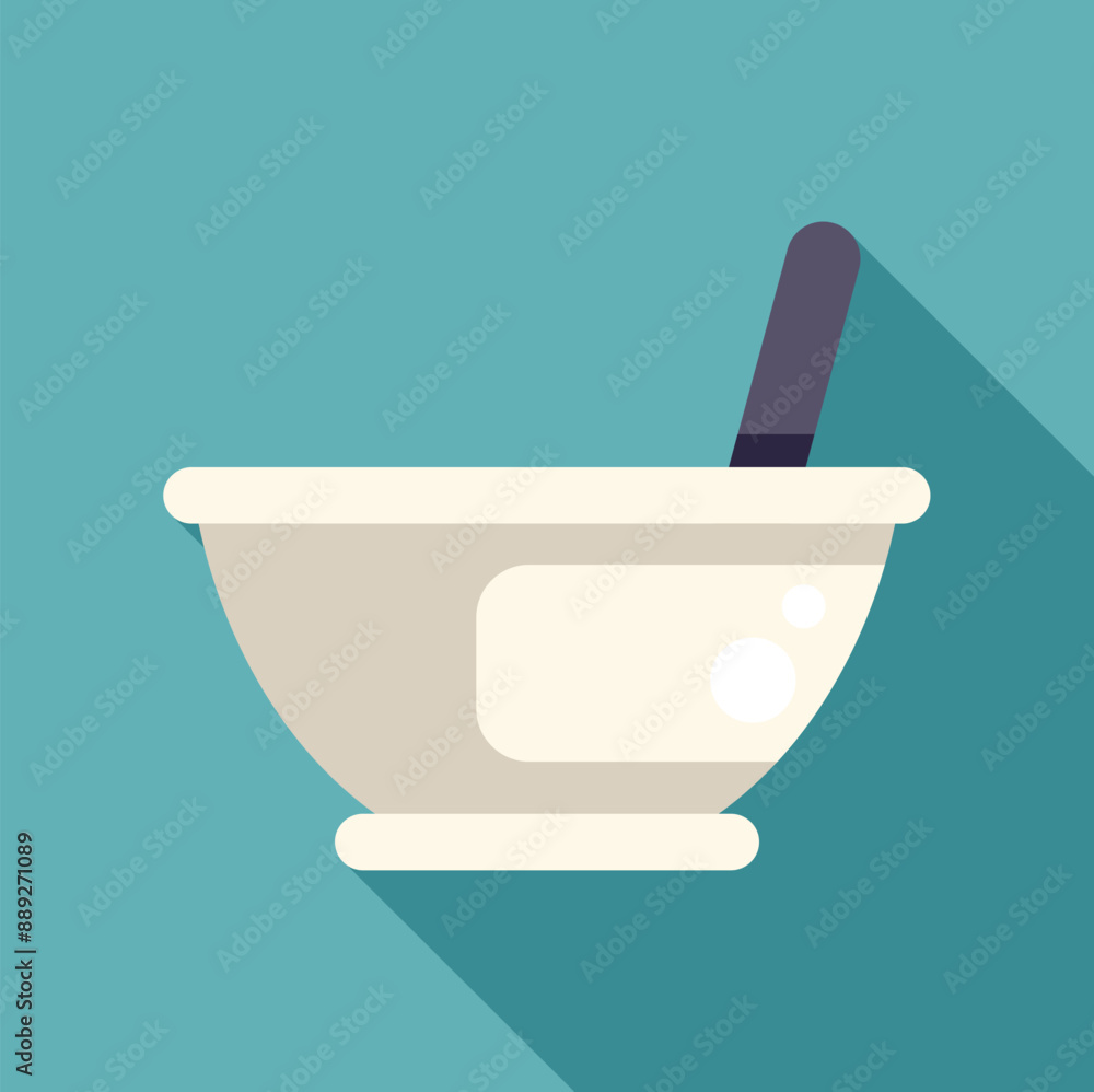 Simple icon of a white bowl with a spoon casting a long shadow on a blue background Simple icon of a white bowl with a spoon casting a long shadow on a blue background