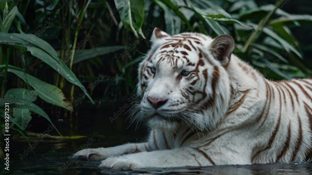 White tiger waiting for the catch behind plants White tiger waiting for the catch behind plants