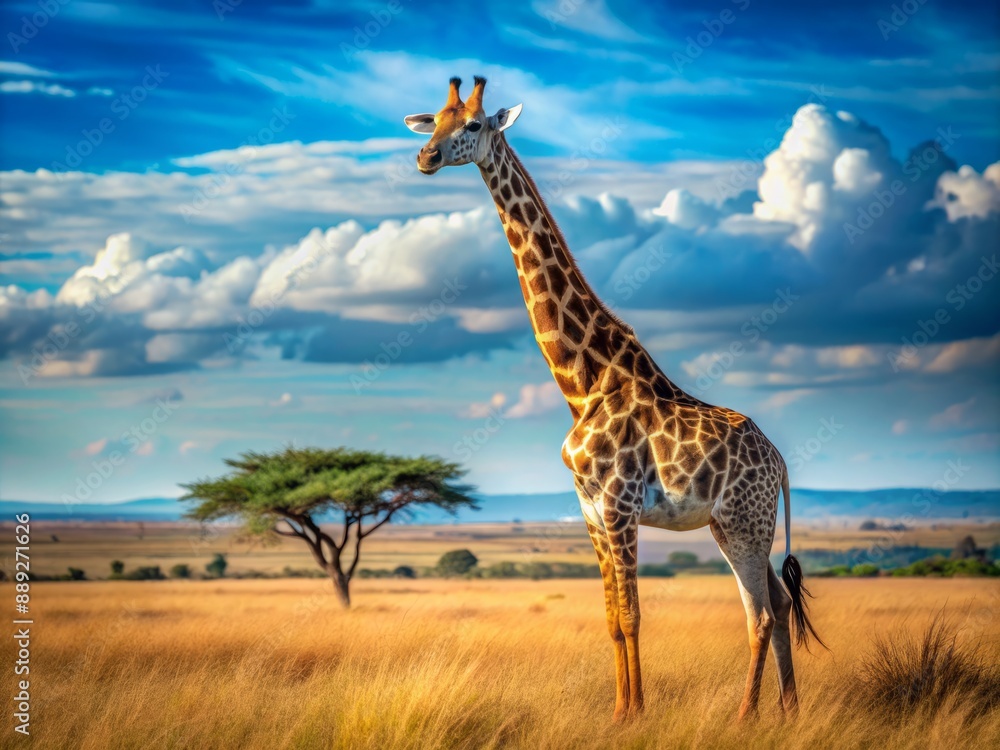 Obraz premium Majestic giraffe with distinctive spots stands tall in African savanna, head and neck stretched upwards, gazing thoughtfully into the serene blue horizon.