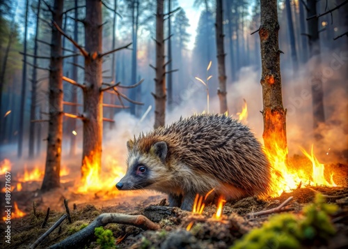 Wild forest hedgehog saving from the fire. Fire glow, burning charred trees and dark smoke destroying wild natural habitat. Wildfire, climate change and extreme heat. concept of natural disasters.