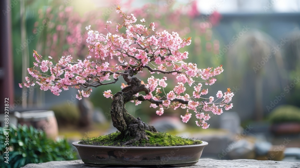 Serene cherry blossom bonsai tree with delicate pink flowers in a zen garden Serene cherry blossom bonsai tree with delicate pink flowers in a zen garden