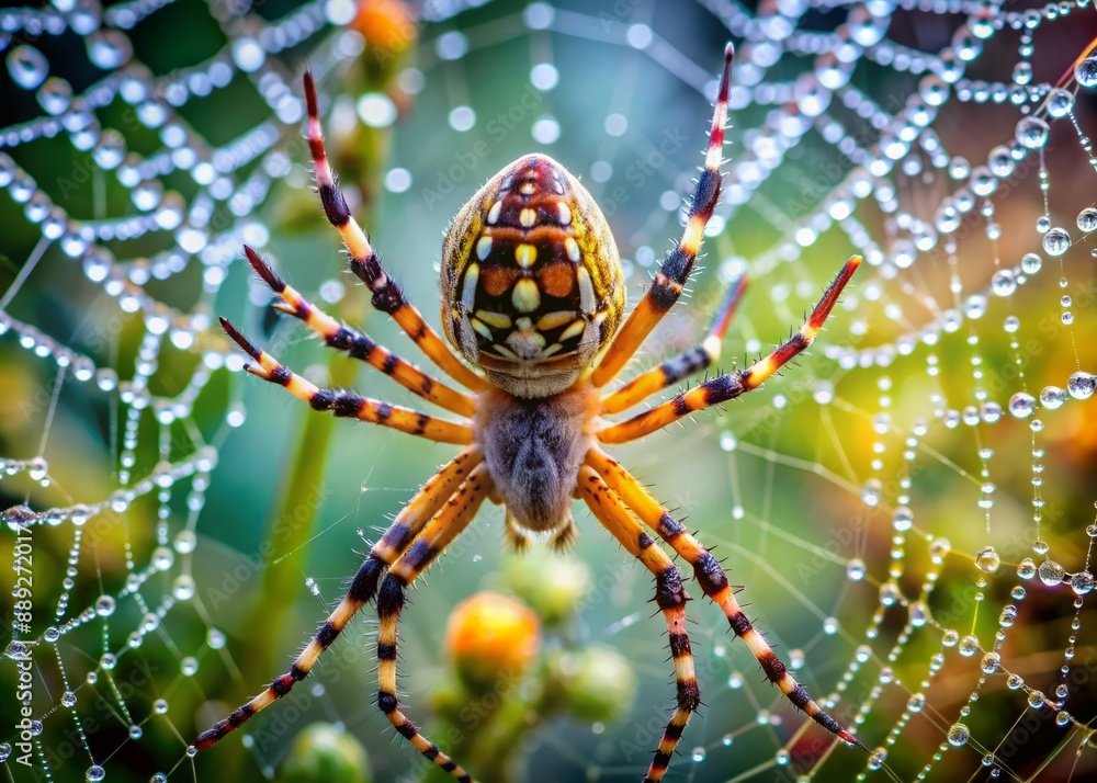 Vibrant garden spider skillfully weaves intricate web, showcasing remarkable arachnid artistry, with delicate threads and sparkling dew droplets, in a mesmerizing close-up macro shot. Vibrant garden spider skillfully weaves intricate web, showcasing remarkable arachnid artistry, with delicate threads and sparkling dew droplets, in a mesmerizing close-up macro shot.