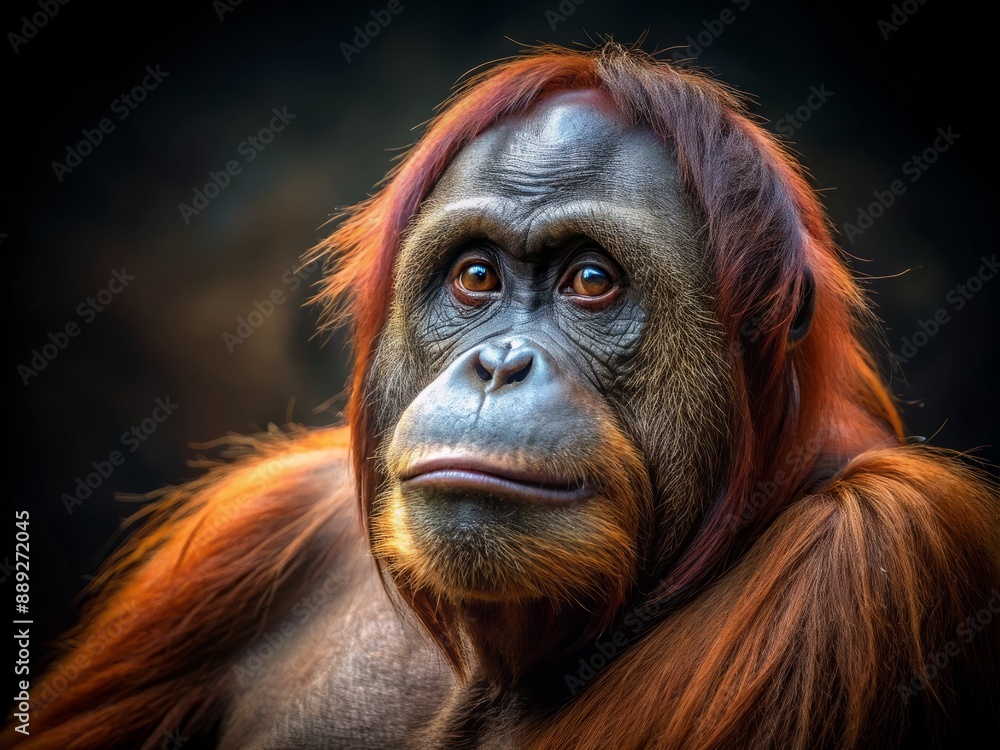 A solemn orangutan's introspective gaze is captivating, set against a dark mysterious background, evoking a sense of contemplation and wisdom in this animal portrait. A solemn orangutan's introspective gaze is captivating, set against a dark mysterious background, evoking a sense of contemplation and wisdom in this animal portrait.