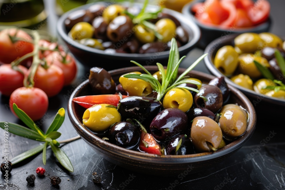 Olives. Close-Up Shot of Assorted Marinated Olives in a Black Bowl on a Table Olives. Close-Up Shot of Assorted Marinated Olives in a Black Bowl on a Table