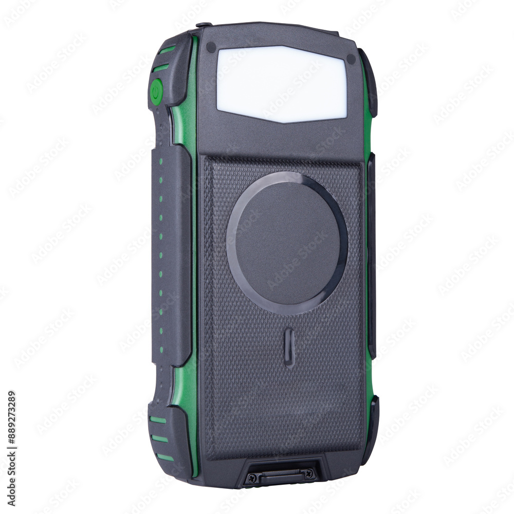 A power bank with a solar panel on a white background. A power bank with a solar panel on a white background.