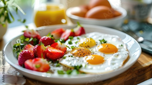 Fried egg. Fruits, vegetables, breakfast. Strawberries, raspberries, blueberries