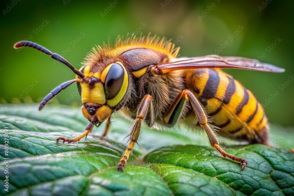 Vibrant yellow and brown striped hornet with fuzzy hair and transparent wings perched on a green leaf, its complex eyes and antennae in sharp focus. Vibrant yellow and brown striped hornet with fuzzy hair and transparent wings perched on a green leaf, its complex eyes and antennae in sharp focus.